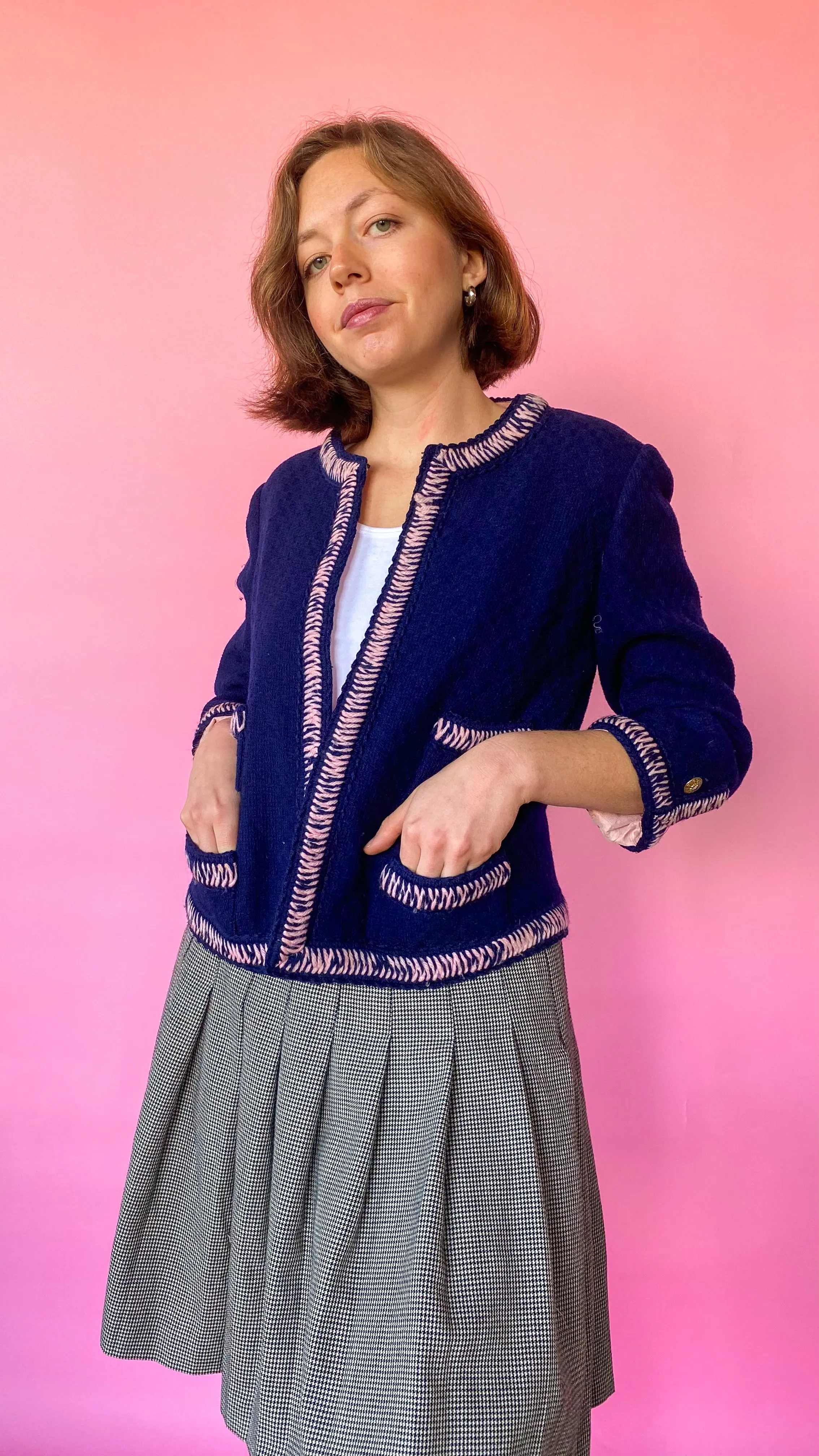 1950s Blue with Pink Trim Tweed Jacket, sz. M