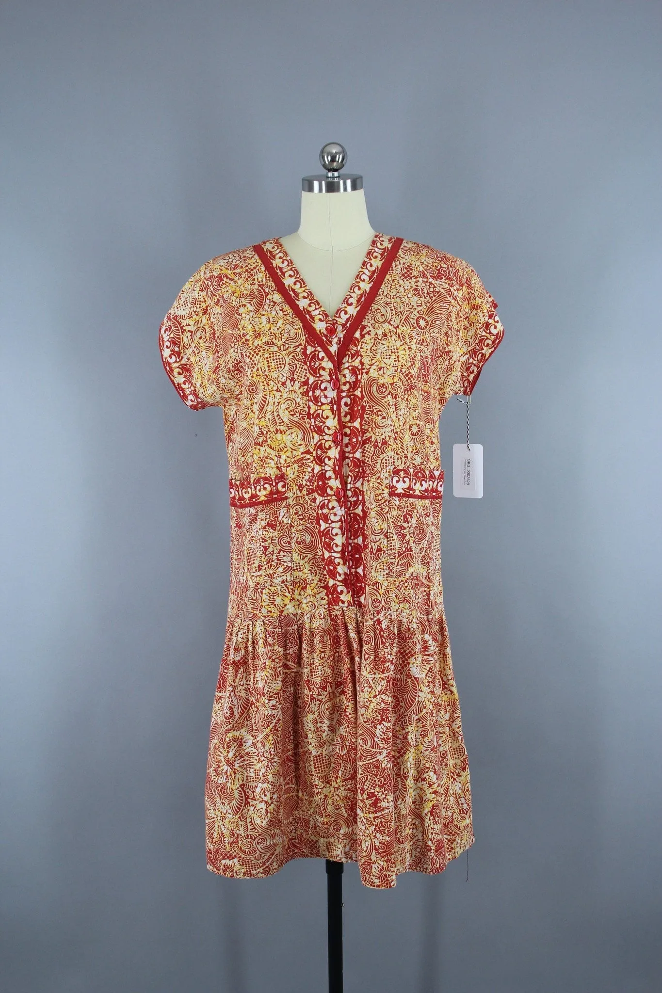 1960s Vintage Orange Red Batik Drop Waist Cotton Day Dress