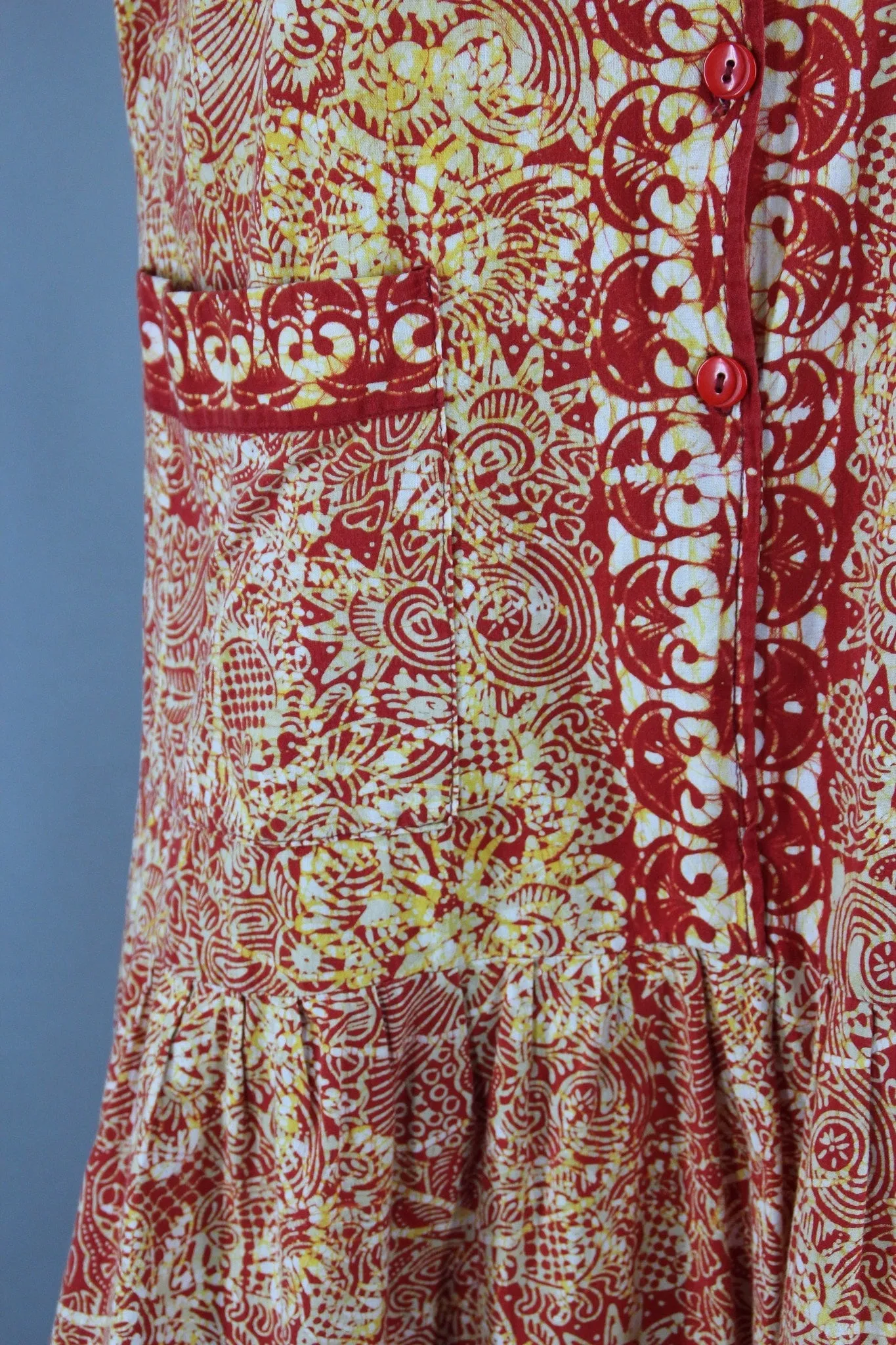 1960s Vintage Orange Red Batik Drop Waist Cotton Day Dress