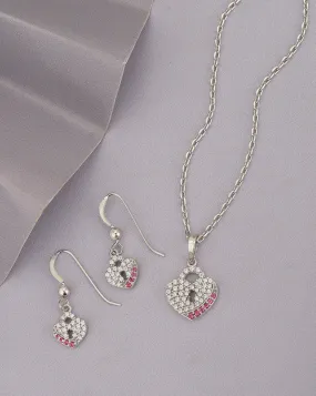 925 Sterling Silver Rhodium Plated with CZ Heart Necklace and Earring for women