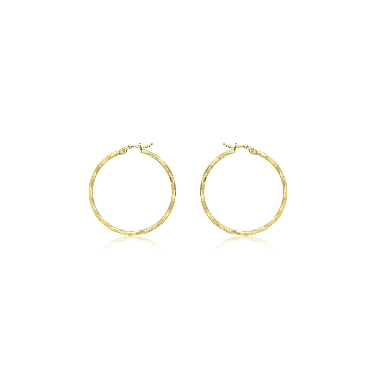 9K Yellow Gold 33mm Diamond Cut Faceted Hoop Creole Earrings