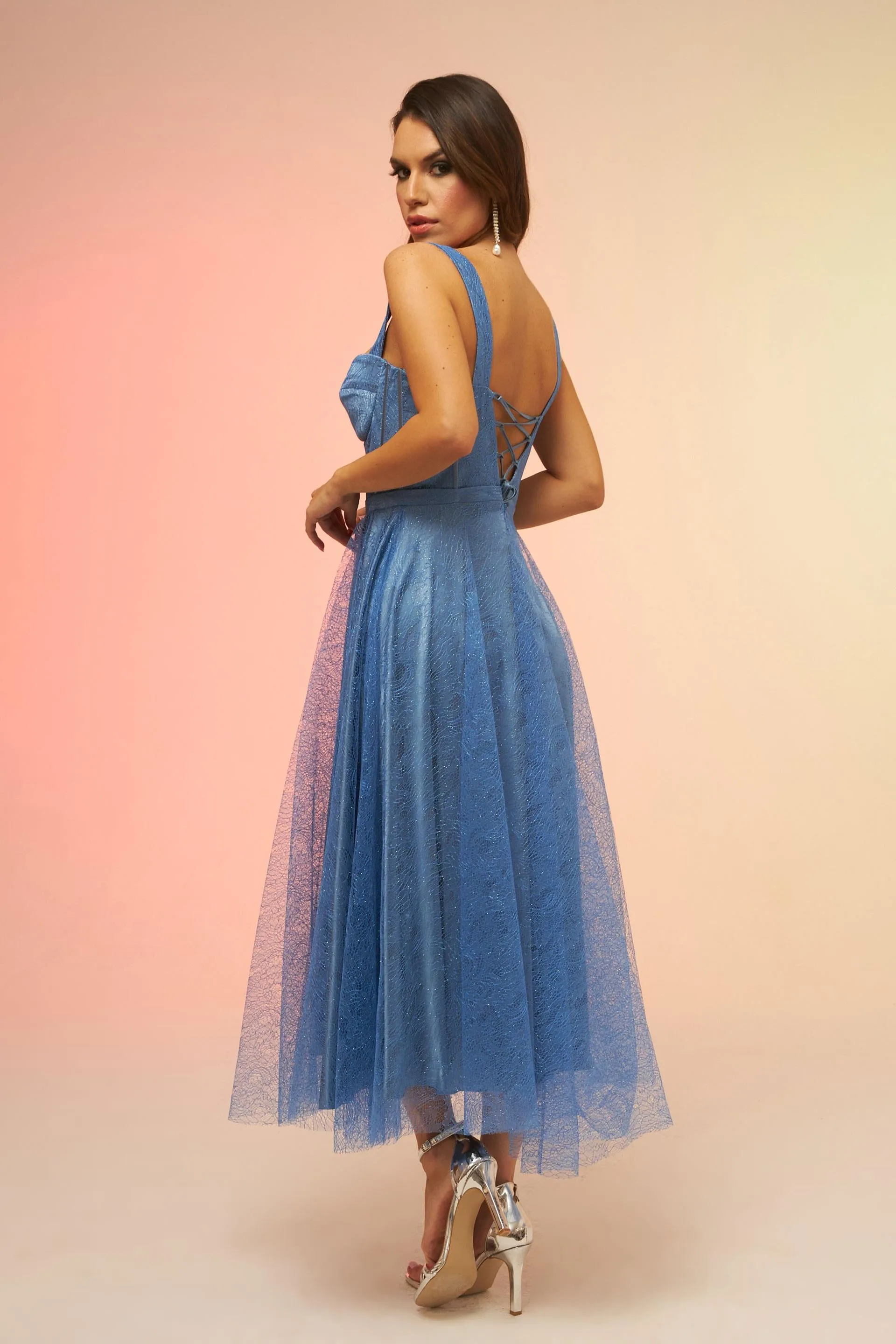 Angelino Indigo Tie Back Glitter Tulle Midi Engagement Dress