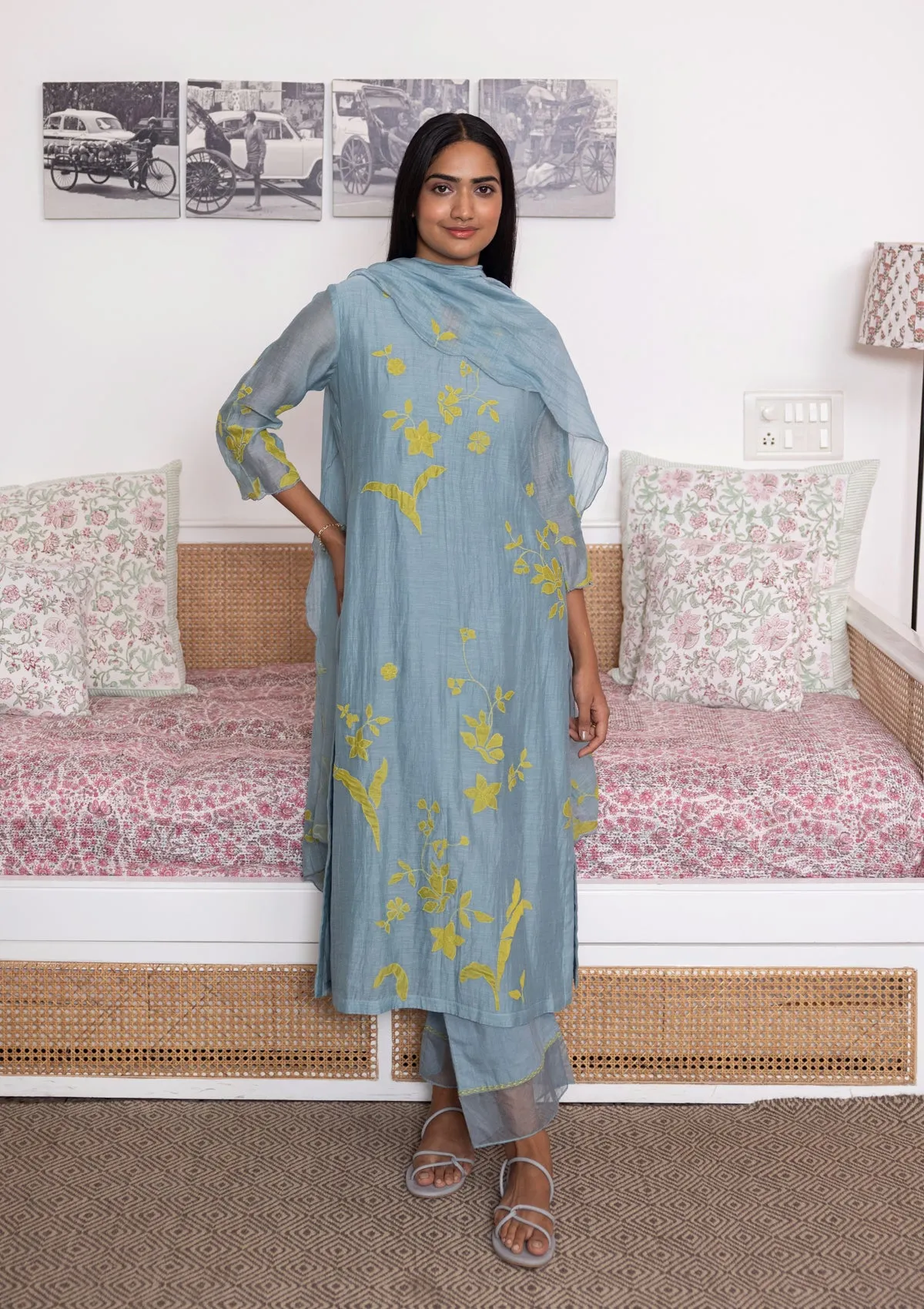 AZURE FLORAL APPLIQUE KURTA SET