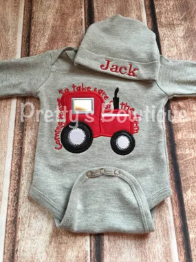 Baby Boy Coming Home Outfit -- Coming home to take care of the farm bodysuit with Hat with Embroidered name -- red tractor