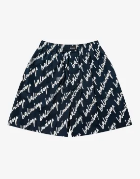 Balenciaga Navy Blue Scribble Logo Pyjama Shorts