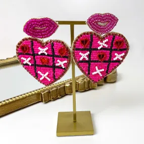 Beaded Heart Shaped Tic Tac Toe Earrings in Fuchsia Pink