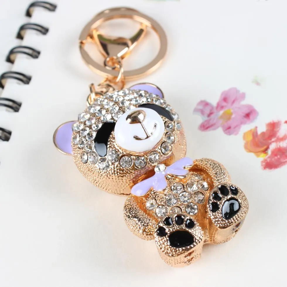 Bear Bowknot Crystal Rhinestone Charm Pendant Purse Bag Key Ring Chain