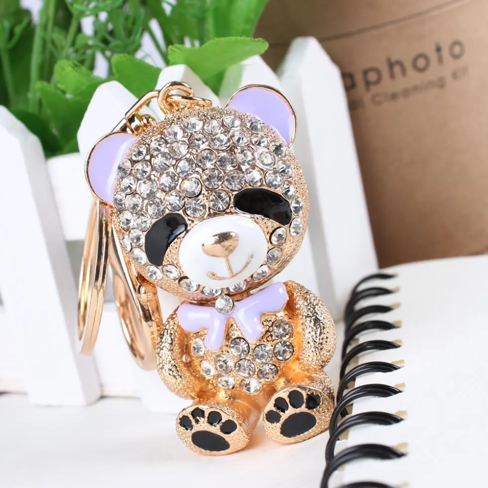 Bear Bowknot Crystal Rhinestone Charm Pendant Purse Bag Key Ring Chain