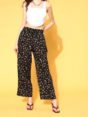 Berrylush Women Black Floral Printed Relaxed Loose Fit High-Rise Pleated Trousers