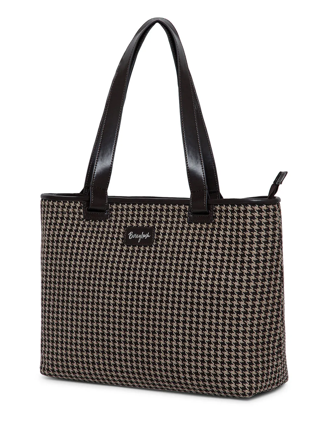 Berrylush Women Brown & Beige Houndstooth Printed Fabric Two-Handle Zipper-Up Tote Bag