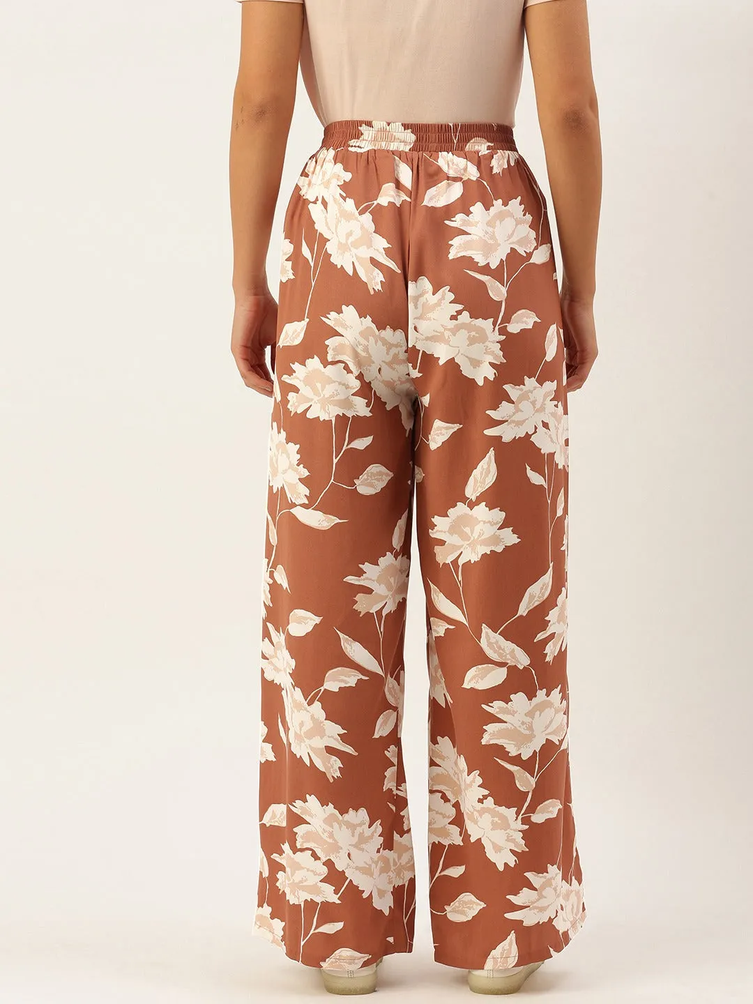 Berrylush Women Brown & White Floral Print Tie-Up Waist High-Rise Wide Leg Trousers