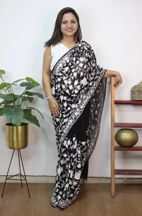 Black Embroidered Kashmiri Aari Work Georgette Saree