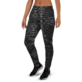 Black Tiger Print Women's Joggers, Best Grey Animal Print Sweatpants For Ladies-Made in EU