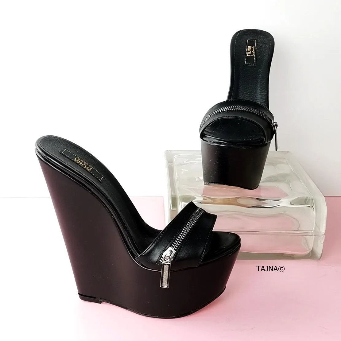 Black Zipper Detail Wedge Mules