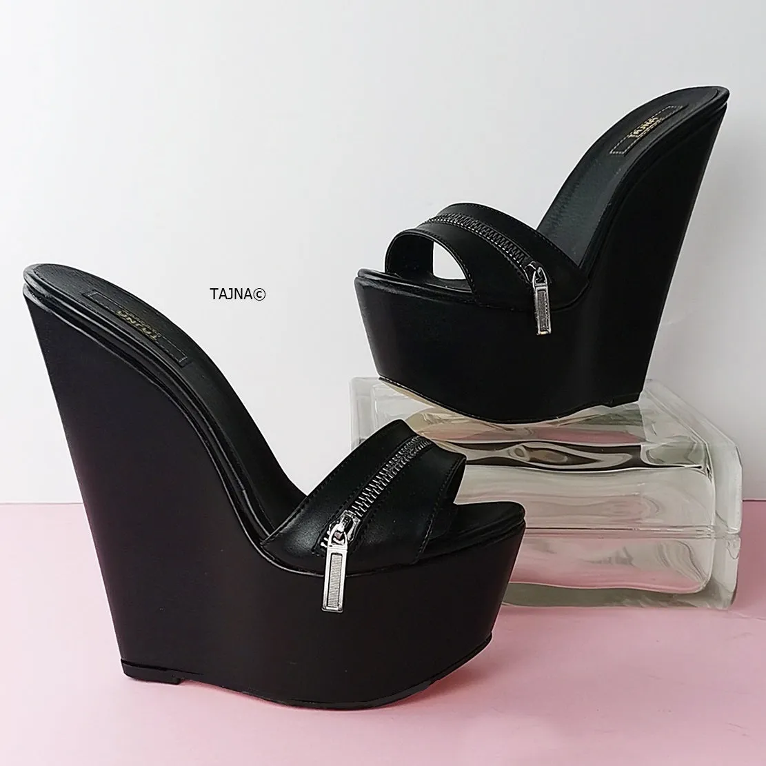 Black Zipper Detail Wedge Mules