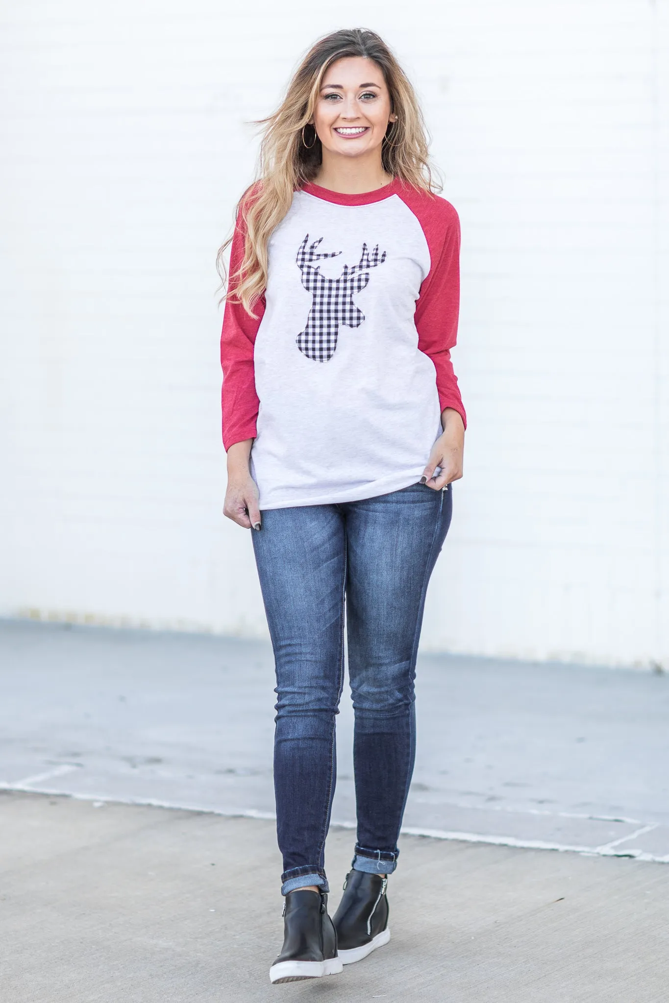 Buffalo Plaid Deer Raglan Red