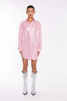 Candy-Pink Shimmer Shirt Mini-Dress