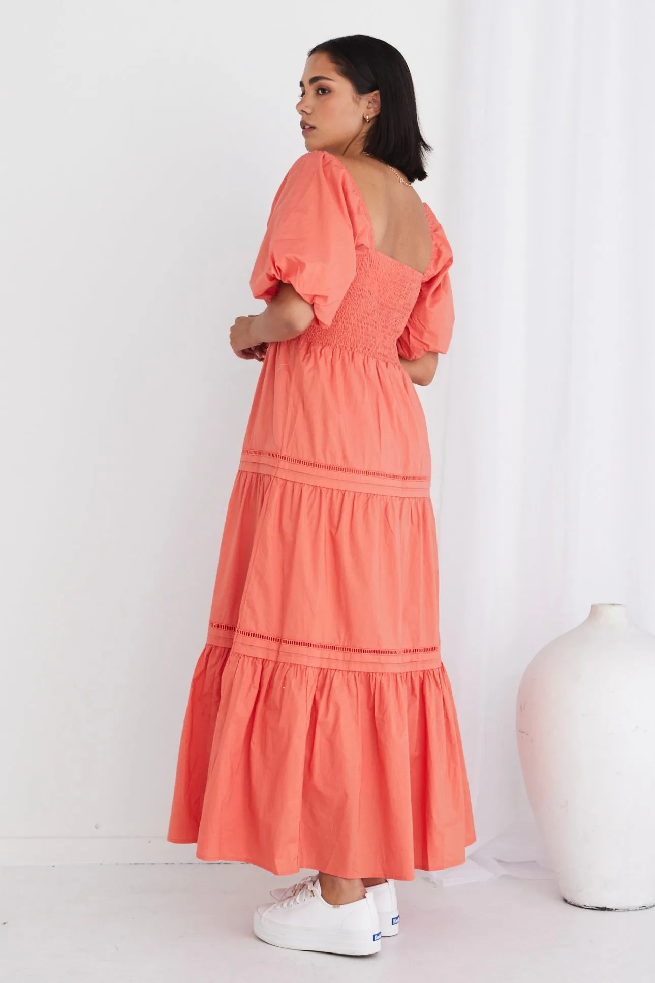 Captivate Watermelon Puff Sleeve Tiered Midi Dress