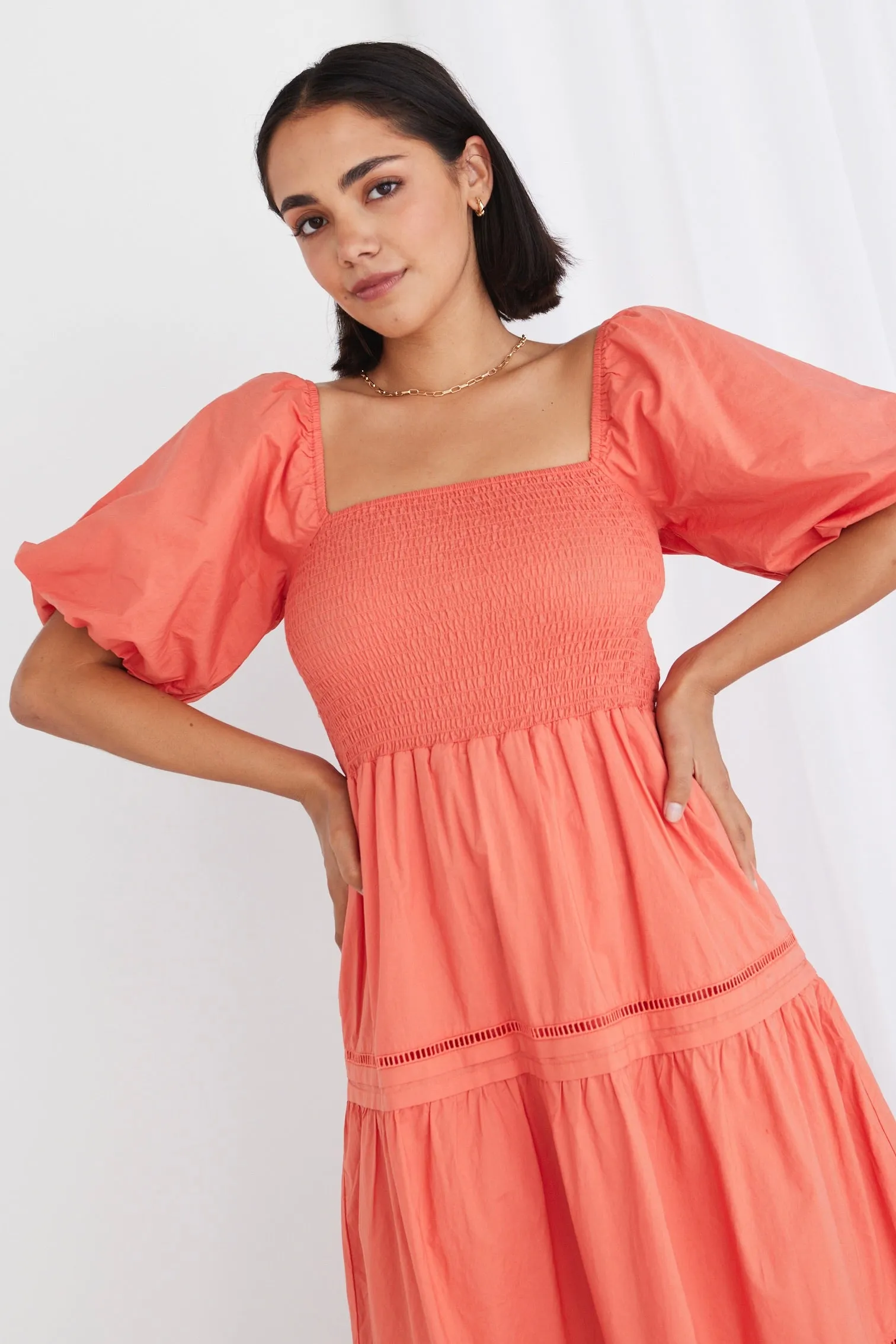 Captivate Watermelon Puff Sleeve Tiered Midi Dress