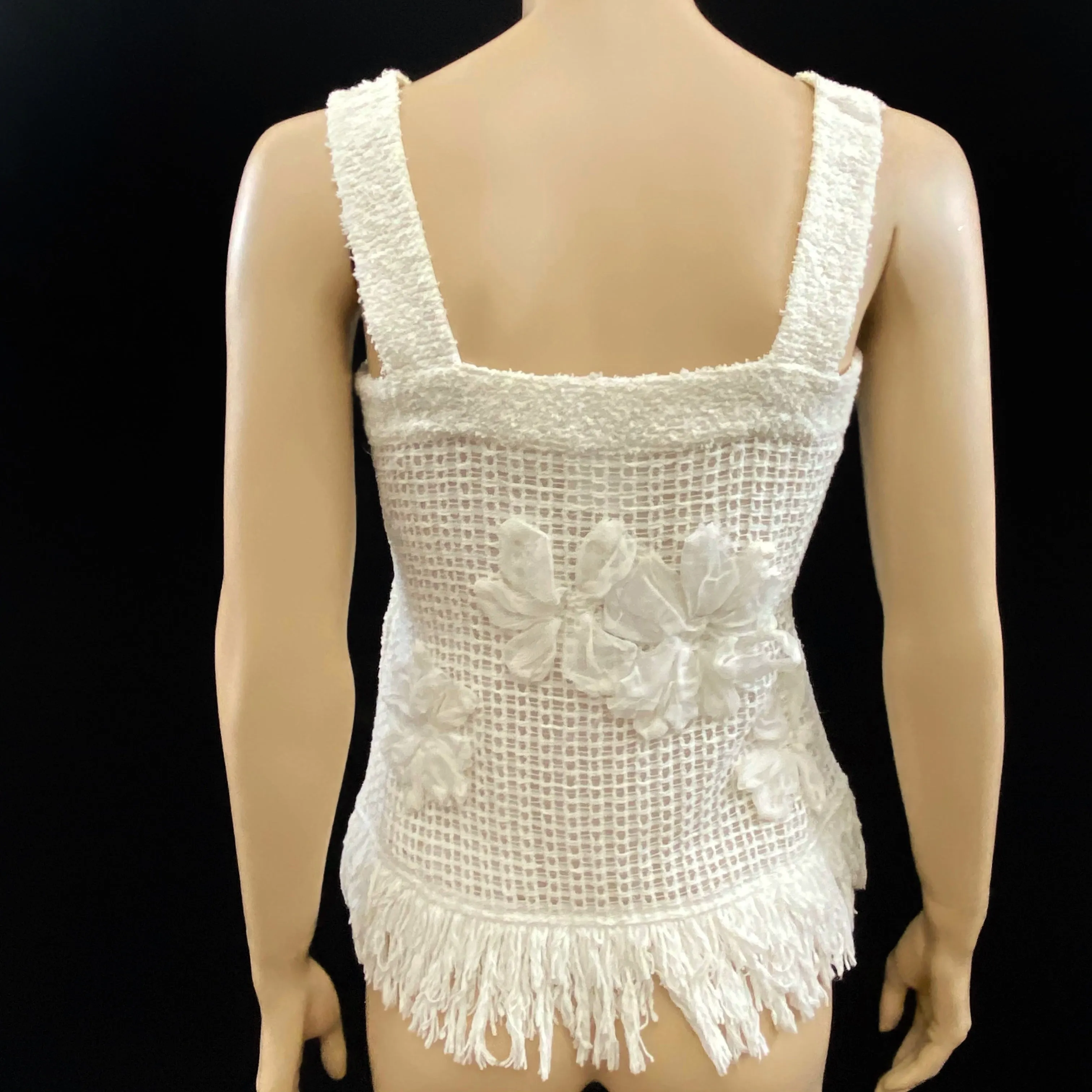 CHANEL White Tweed 3D Flower Appliqué Fringe Sleeveless Top Size 36 | 4