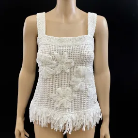 CHANEL White Tweed 3D Flower Appliqué Fringe Sleeveless Top Size 36 | 4