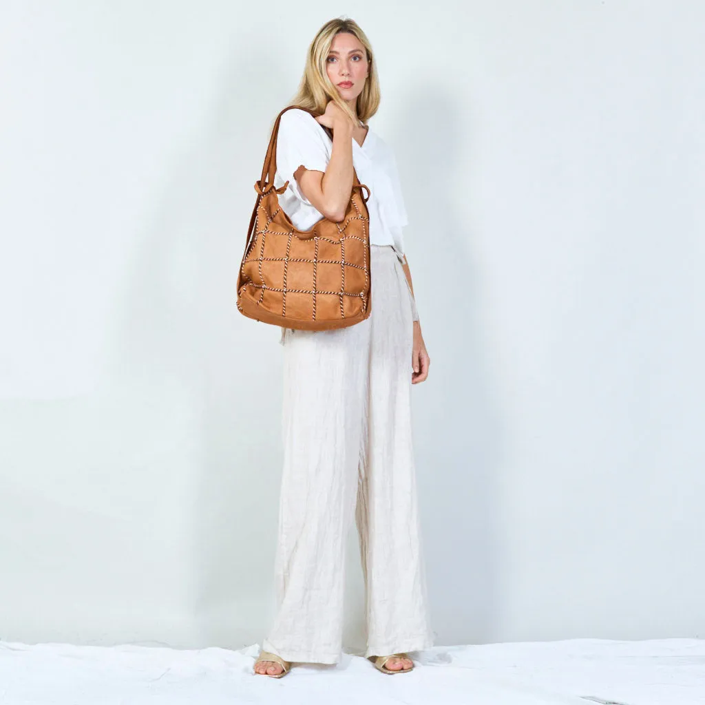 Checker-stitch leather shoulder bag wholesale