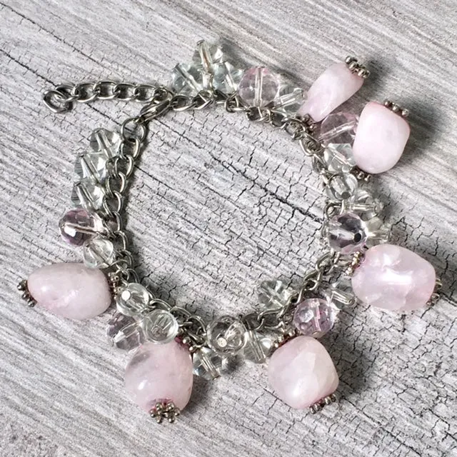 CHUNKY PINK STONE SILVER CHAIN CHARM BRACELET