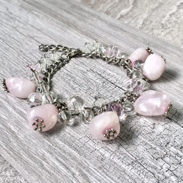 CHUNKY PINK STONE SILVER CHAIN CHARM BRACELET