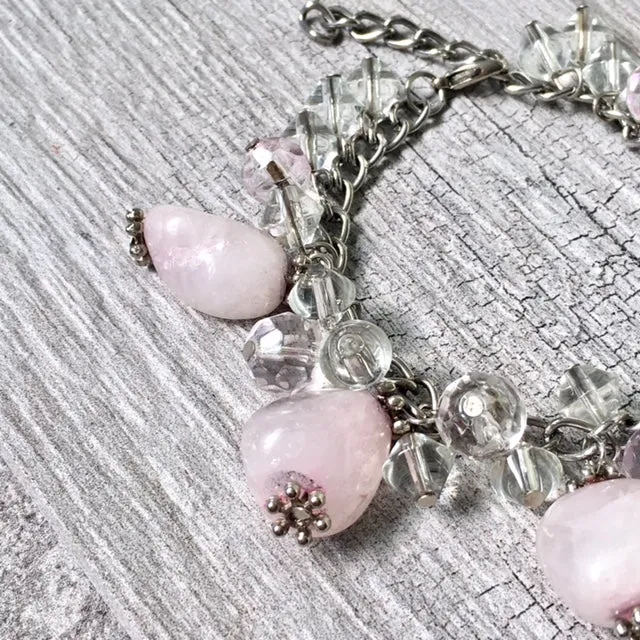 CHUNKY PINK STONE SILVER CHAIN CHARM BRACELET