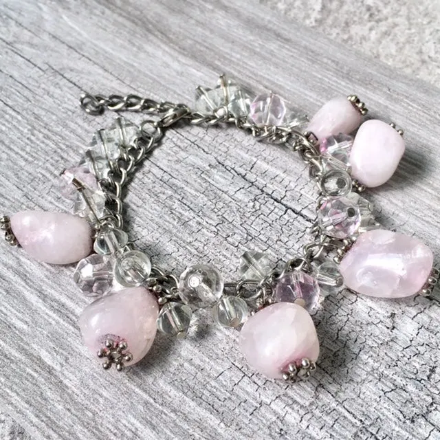 CHUNKY PINK STONE SILVER CHAIN CHARM BRACELET