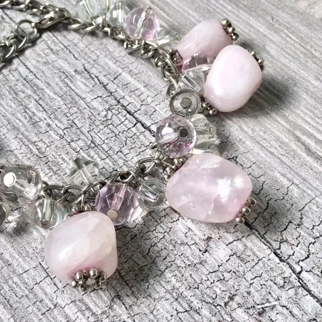 CHUNKY PINK STONE SILVER CHAIN CHARM BRACELET