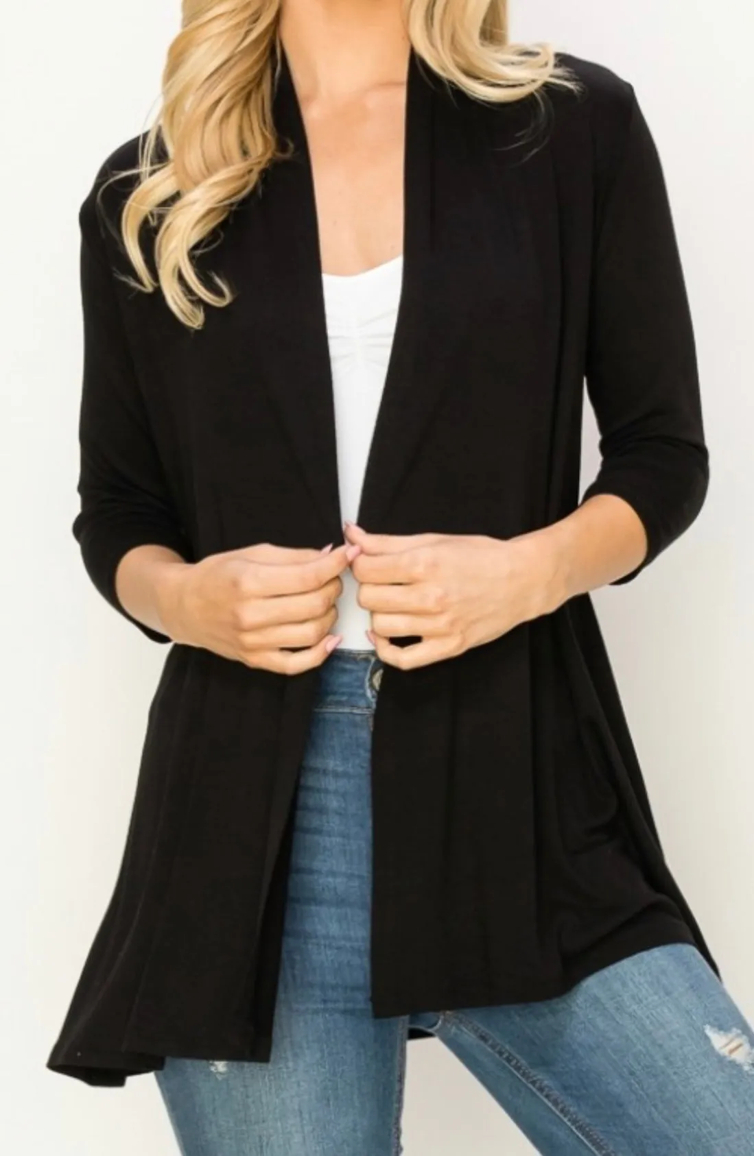 Comfy open front cardigan in our black comfy brushed Jersey