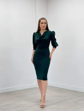 Crepe Fabric Degaje Collar Pen Dress - Emerald Green