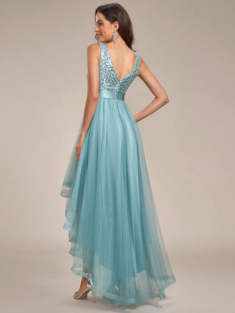 Custom Size Sequin Sleeveless Ribbon Waist Tulle High Low Evening Dress