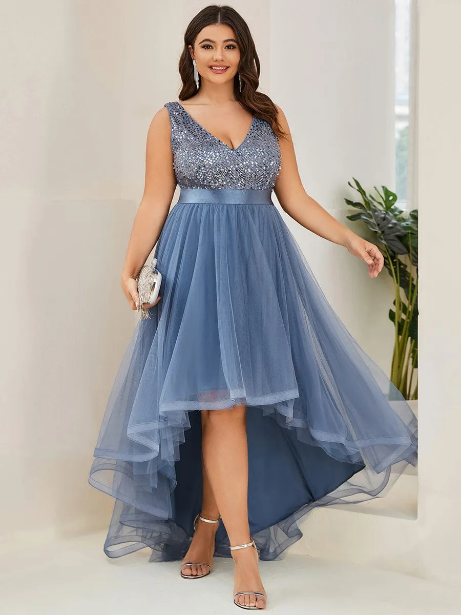 Custom Size Sequin Sleeveless Ribbon Waist Tulle High Low Evening Dress