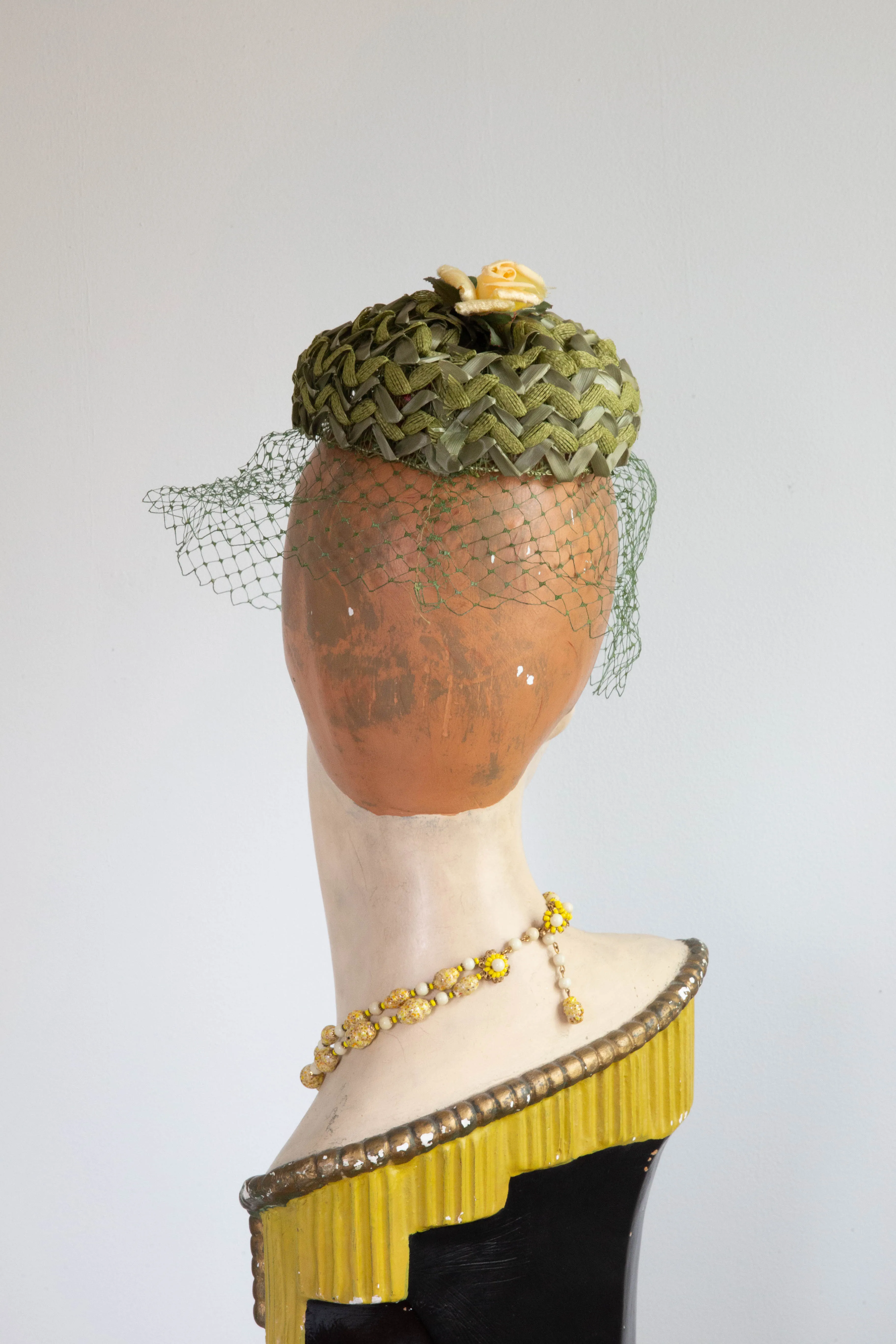 Darling 1950's Moss Green Fascinator With Yellow Rose and Veiling / OS