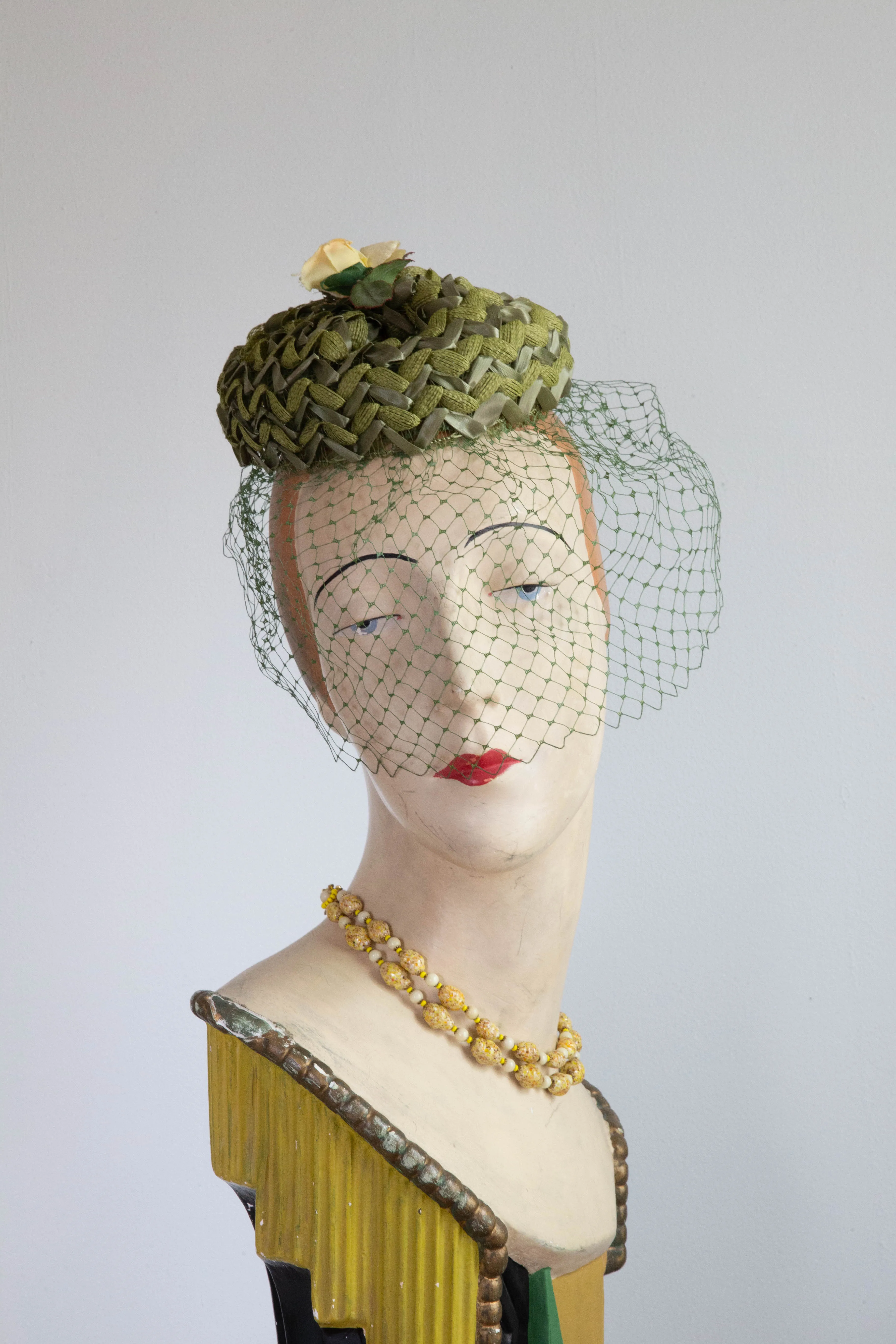 Darling 1950's Moss Green Fascinator With Yellow Rose and Veiling / OS