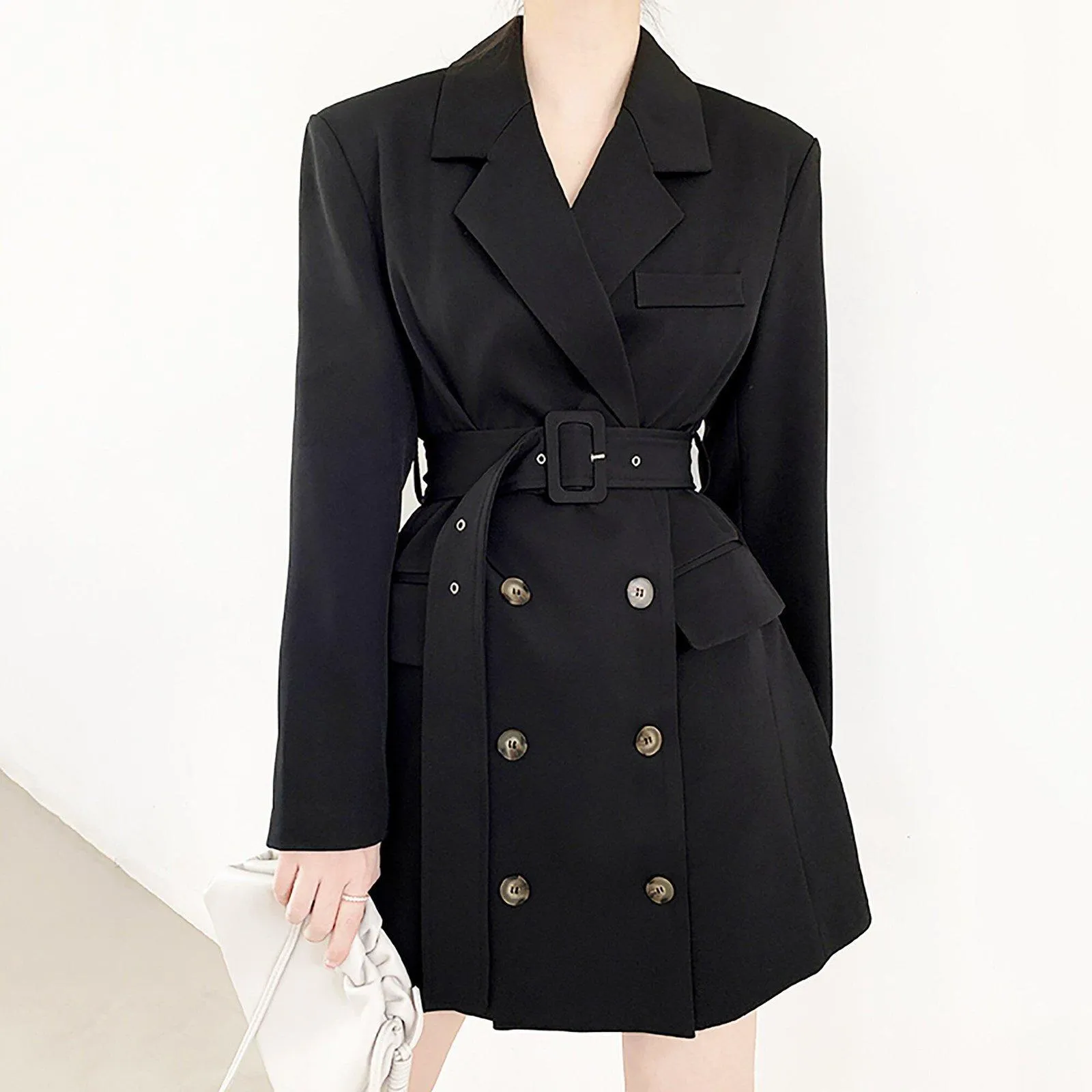 Double Breasted Belted Long Sleeve Blazer Dress