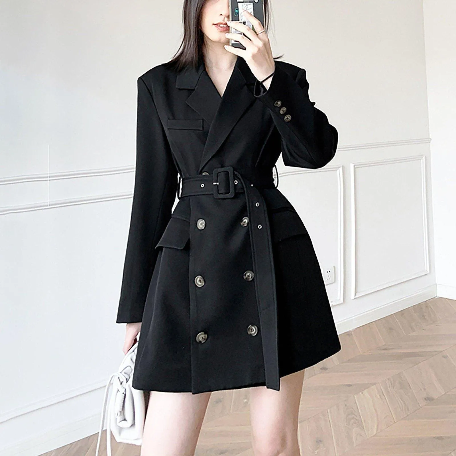 Double Breasted Belted Long Sleeve Blazer Dress