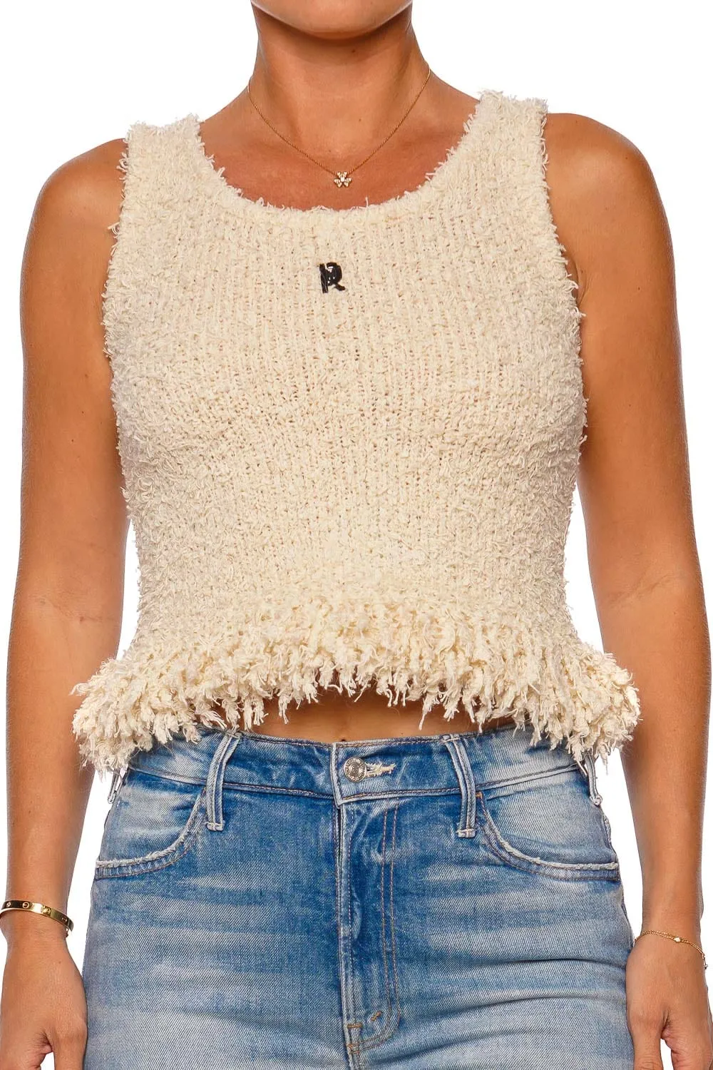 Ecru Fringe Sleeveless Knit Top