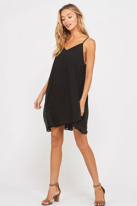 Essential Double Layered V-Neck Sleeveless Dress in Black