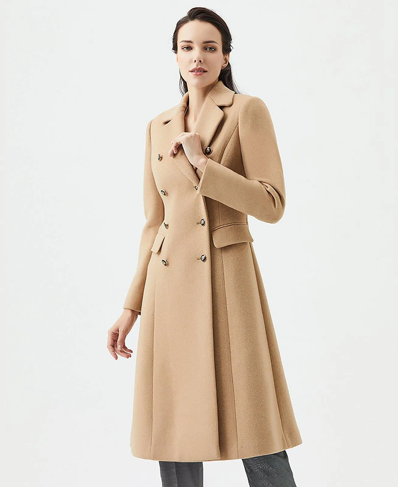 Fit & Flare Double Breasted Wool Blend Coat