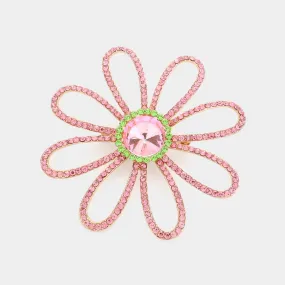 Flower & Leaf Pink and Green Rhinestone Paved Flower Pin Brooch