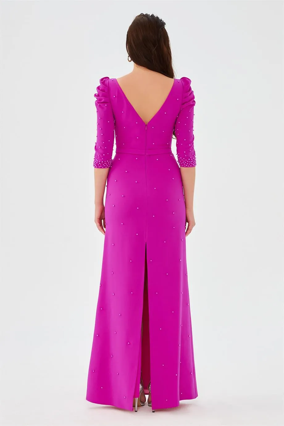 Fuchsia Crepe Pearl Embroidered Long Evening Dress