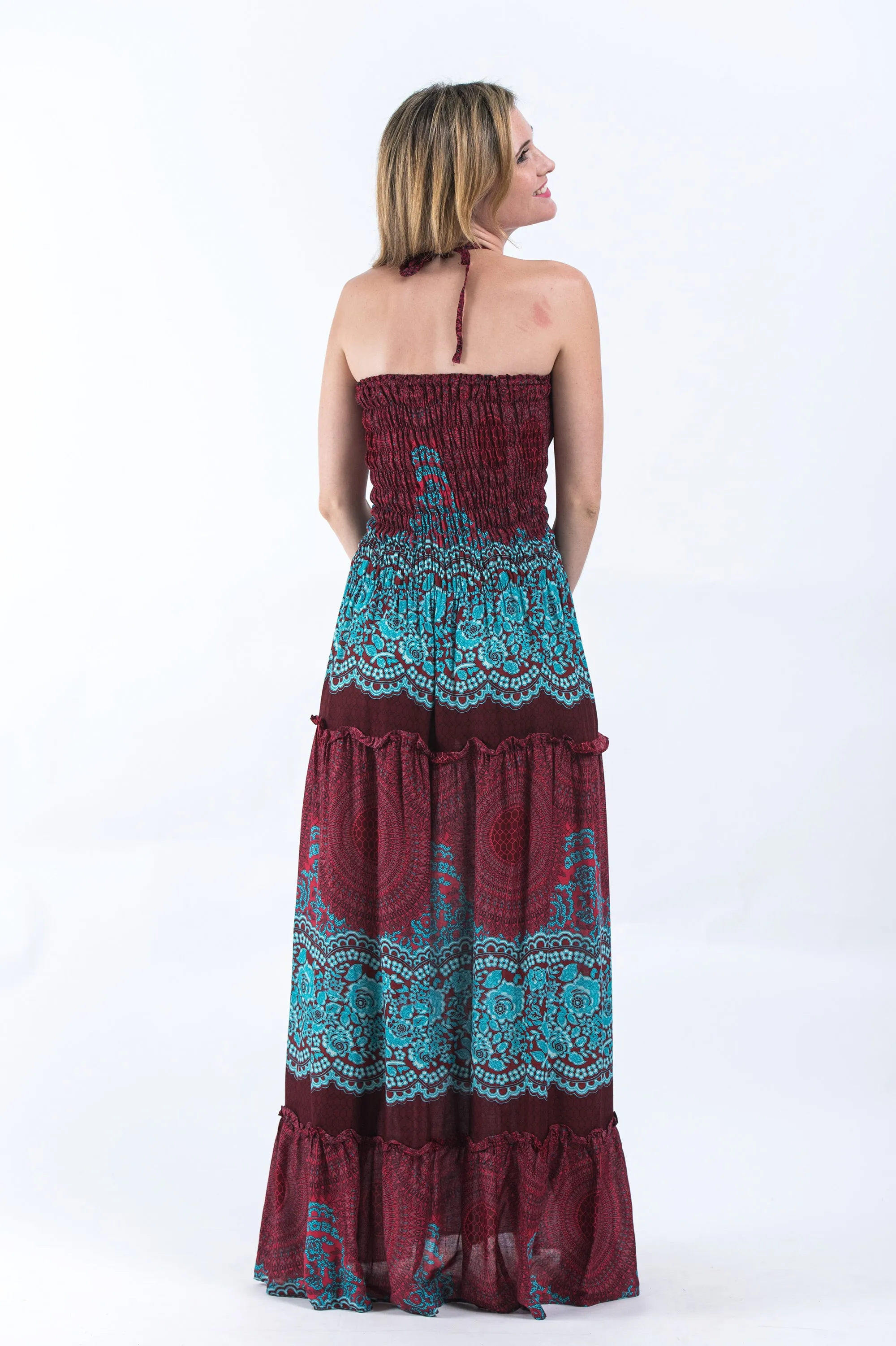 Geometric Mandalas Smocked Bandeau Maxi Dress in Red