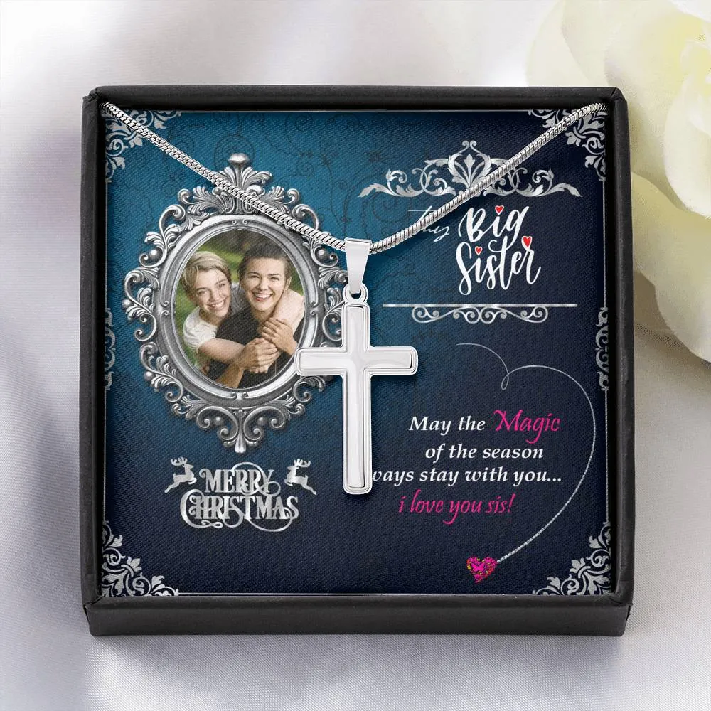 Gift For Big Sister 14k White Gold Cross Necklace With Custom Photo Marry Christmas Message Card