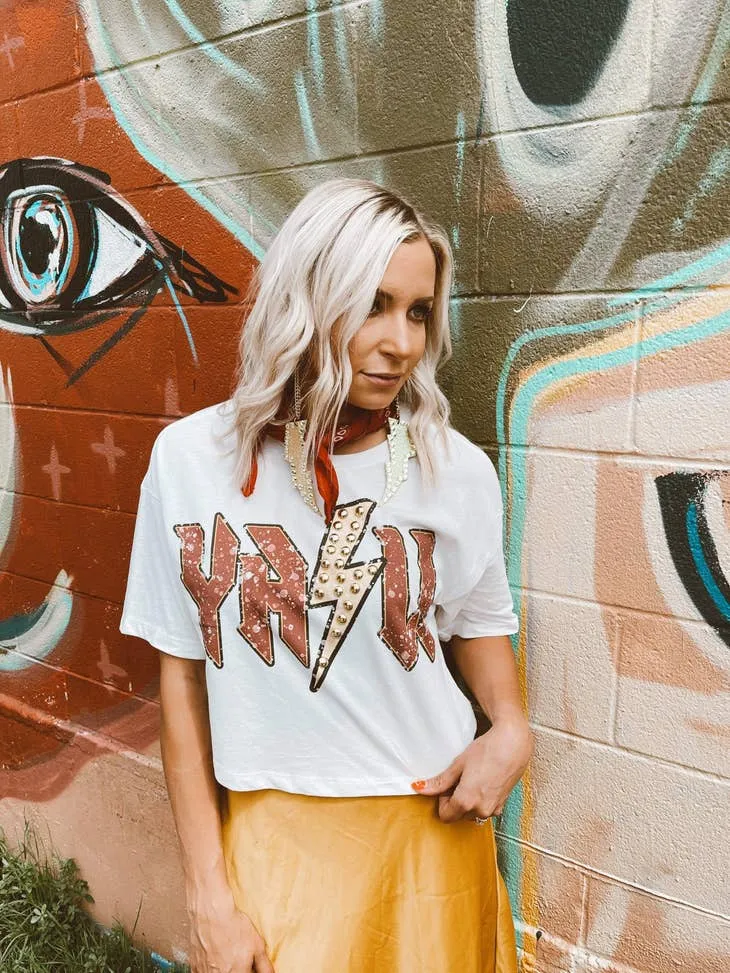 GINA PINK Y'ALL GRAPHIC TEE EMBELLISHED WITH GOLD STUDS