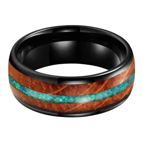 Green Opal & Whiskey Barrel Wood Wedding Ring In Black Tungsten (8mm)