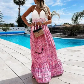 Hawaiian Boho Crochet Halter Tassel Floral Maxi Beach Flare Hem Dress