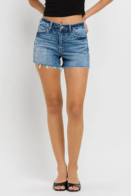 High Rise Raw Hem Denim Shorts